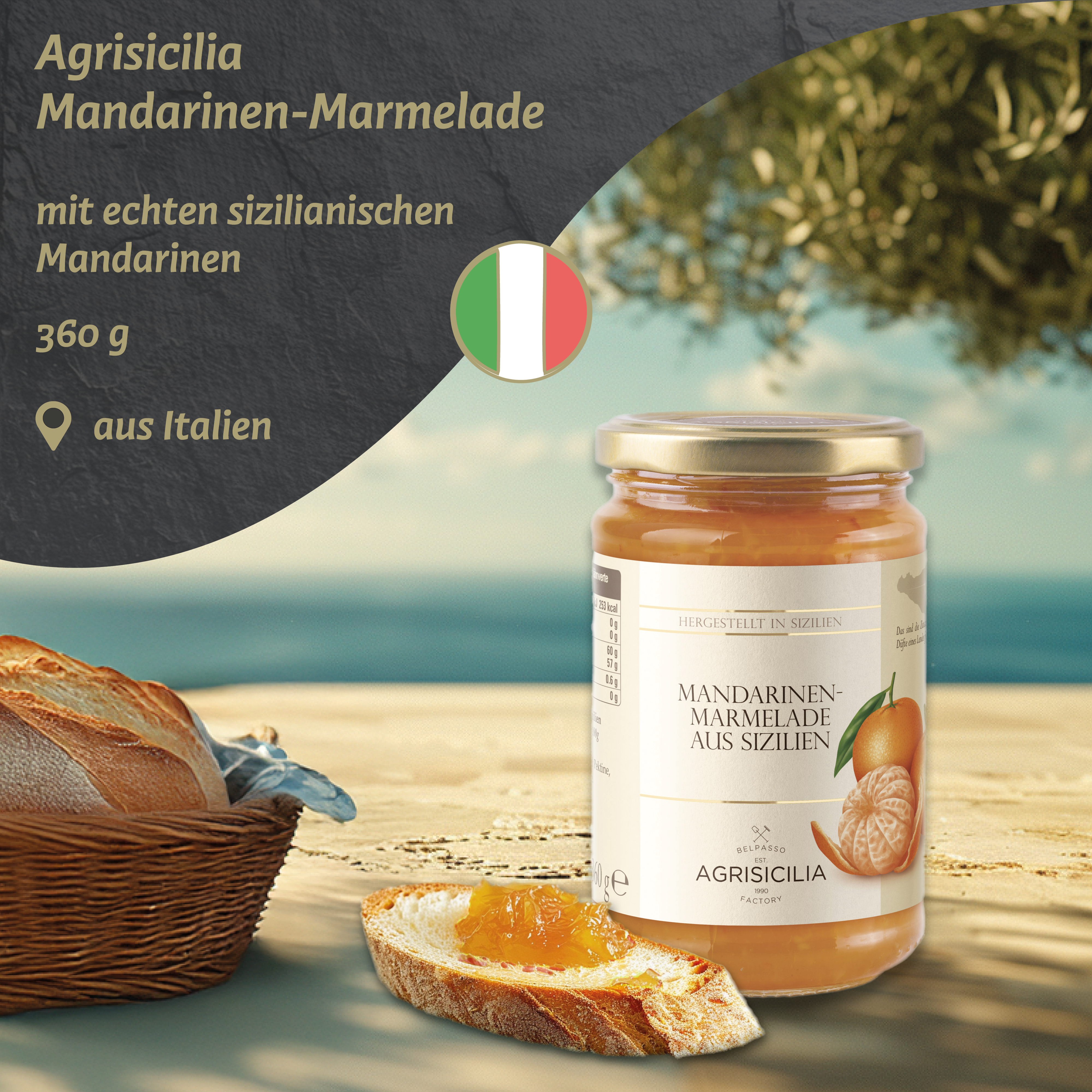 Agrisicilia - Mandarinen Marmelade 360g – Brotaufstrich aus Sizilien – Konfitüre fürs Frühstück zum Brötchen oder Brot