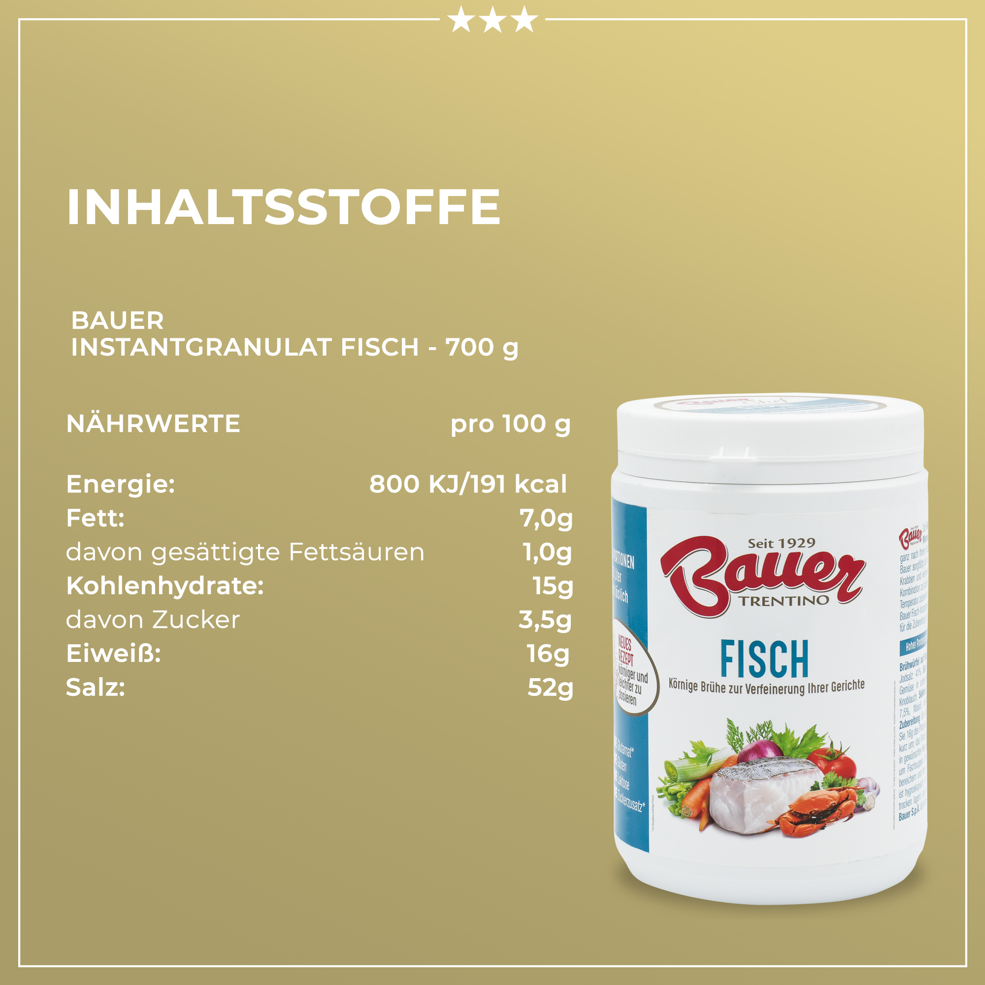 Fisch Instant-Granulat | Für Brühen und zum Verfeinern von Gerichten | Bauer | Aus pflanzlichem Proteinextrakt Fisch Instant-Granulat | Für Brühen und zum Verfeinern von Gerichten | Bauer | Aus pflanzlichem Proteinextrakt